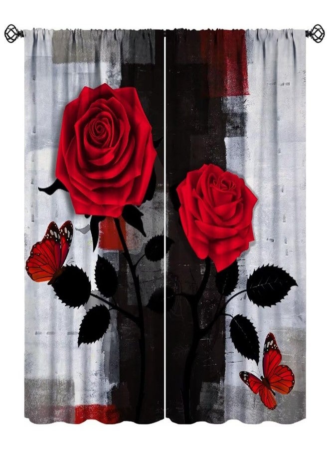 JanJCurt ستائر JanJCurt Red Rose Butterflys، لوحة فنية تجريدية حديثة باللون الأسود والرمادي والأحمر، ستائر نوافذ عتيقة الطراز لغرفة المعيشة وغرفة نوم الفتيات، مقاس 42 × 45 بوصة (بدون تعتيم) - Image 1